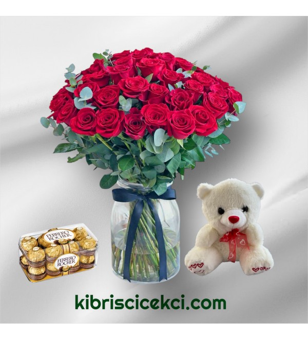 Vazoda 51 Kırmızı Gül Ayıcık 16'lı Ferrero Çikolata Vazoda 51 Kırmızı Gül Ayıcık 16'lı Ferrero Çikolata